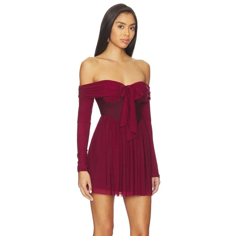 NEW MORE TO COME Kristiana Mini Dress Plum Red Purple Long Sleeve Cold Shoulder - Picture 2 of 6